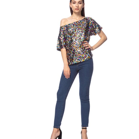 Anna-Kaci Women's Glam Off-Shoulder Multi-Colored Sequin Top Size XL - Picture 2 of 14